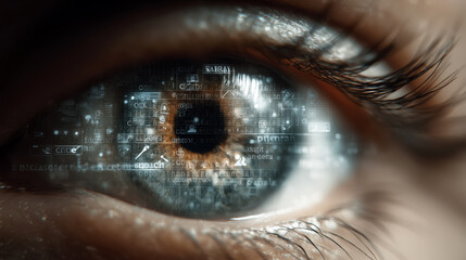Eye Reflection with Digital Data and Text Elements Representing Technology and Information