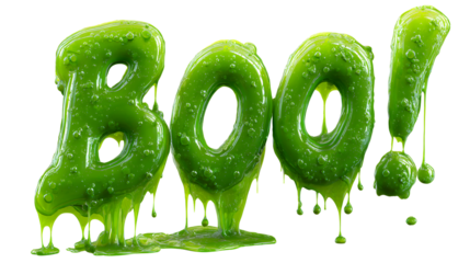 Green dripping slime “BOO!” text with bubbles, evoking spooky, gross fun for Halloween décor, invites, or creepy designs.