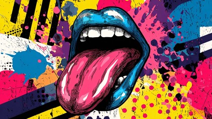 Playful Pop Art Mouth with Tongue Sticking Out in Vibrant Colors and Funky Patterns for Retro Design Concepts