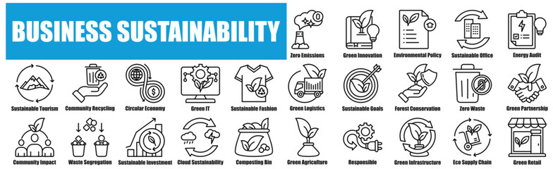 Business Sustainability icon pack collection set for Green Agriculture, Responsible Consumption, Green Infrastructure, Eco Supply Chain, Green Retail, Net Zero Emissions