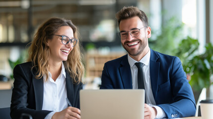 Obraz premium Smiling Business Partners Collaborating on a Laptop in a Modern Office Environment