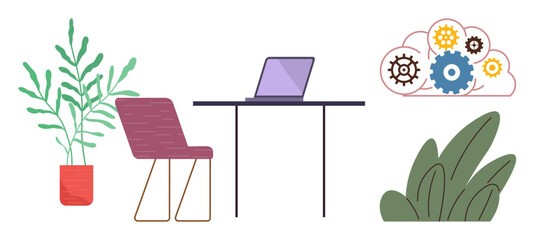 Fototapeta premium Laptop on desk with modern chair, potted plant and decorative foliage. Cloud with gears representing technology and collaboration. Ideal for productivity, efficiency, remote work, creativity, growth