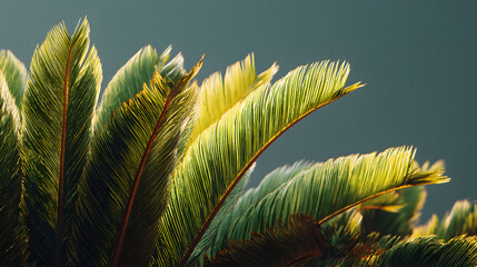 Fototapeta premium Close-up of a palm tree's fronds, showing green and yellow leaves against a muted gray-blue background.