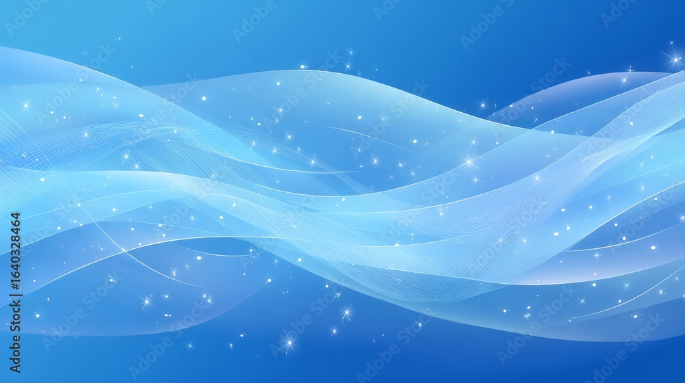 Aufkleber a soft blue abstract background with flowing wave patterns and scattered sparkling particles, creati