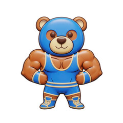 Muscular Teddy Bear Cartoon Character In Wrestling Costume With Transparent Background