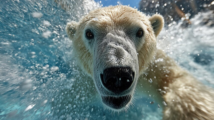 Close-Up of a Polar Bear Swimming in Clear Blue Water Splashing Around Playfully