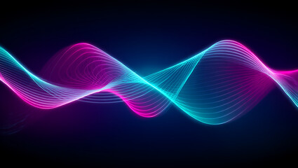 Abstract flowing neon sound wave visualization with vibrant cyan and magenta colors on a dark background