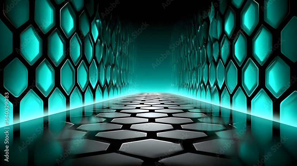 Poster neon-lit hexagonal corridor. abstract cgi render.