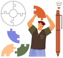 Man lifting puzzle piece, various pieces in vibrant colors, completed circle outline, pen emitting creative bulb. Ideal for collaboration, problem-solving, creativity, innovation, teamwork strategic
