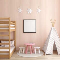 Kids room interior design mockup with bunk bed and teepee
