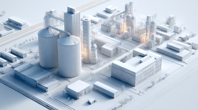 A detailed 3D rendering of a modern industrial plant featuring storage tanks, processing units, and machinery in a structured layout.