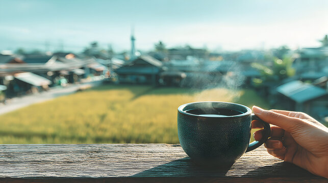 A person's hand holding a dark-colored mug of tea, overlooking a rural village and rice paddy.