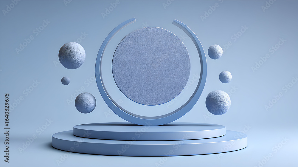 Aufkleber abstract 3d render of a light blue platform with floating spheres and a circular frame.