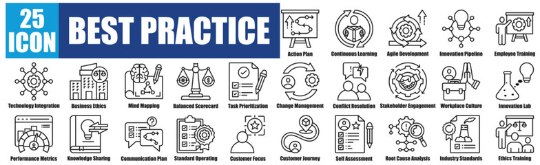 The best practices icon set is a two color set of Continuous Learning, Agile Development, Innovation Flow, Employee Training, and Action Plan.