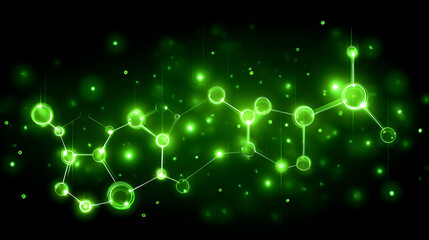 Abstract image of glowing green molecules on a black background.