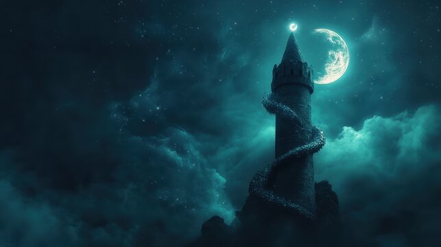 A mystical tower entwined with vines, illuminated under a glowing moon amidst dark, swirling clouds.