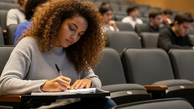 Vector art of focused student taking notes during a lecture in a university classroom with other students in the background