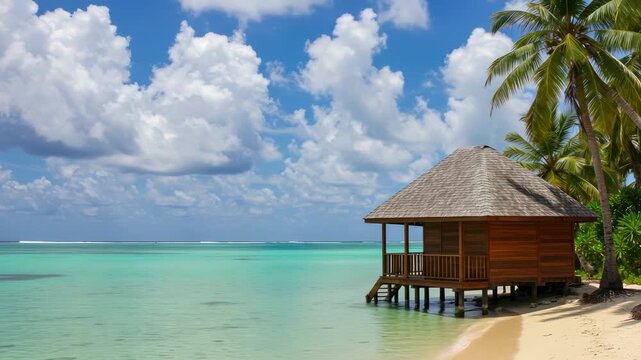 Seaside hut with palm trees and turquoise water
