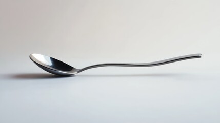 A sleek, modern silver spoon rests against a soft, light-colored background, showcasing its elegant design and reflective surface.