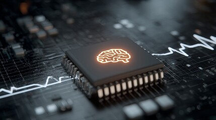A close-up of a computer chip featuring a glowing brain symbol, symbolizing AI technology.