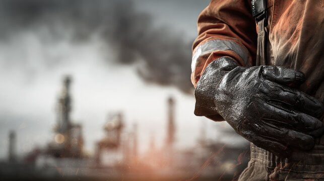 Worker wearing protective gloves and uniform handling equipment near industrial oil refinery smoke and flames