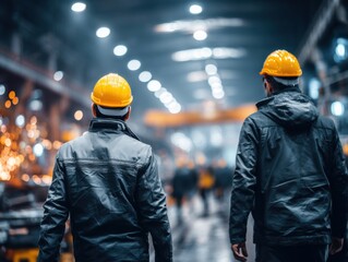 Two industrial workers wearing yellow safety helmets and dark jackets inside a factory or warehouse