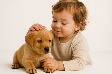 A toddler gently pets a golden labrador puppy on a white background in a close up studio shot view on transparent background