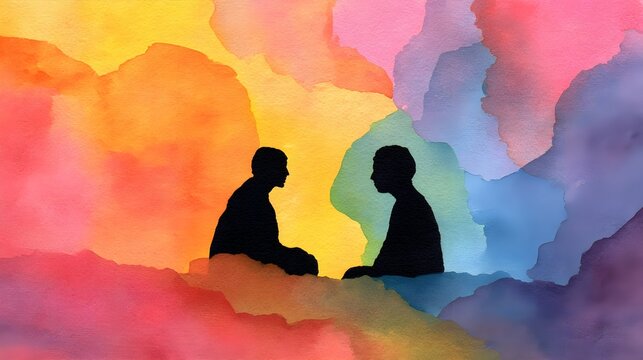 Colorful Rainbow Watercolor Painting of Two People, Generative AI