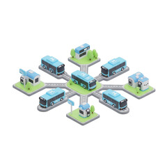 Buses And Buildings Connected By Roads On A Transparent Background Network Concept