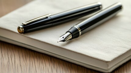 Naklejka premium A close-up of elegant fountain pens resting on a textured notebook, conveying a sense of creativity and sophistication.