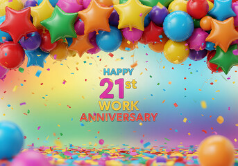 Celebrate a happy 21st work anniversary with colorful balloons and confetti, radiating joy and achievement.