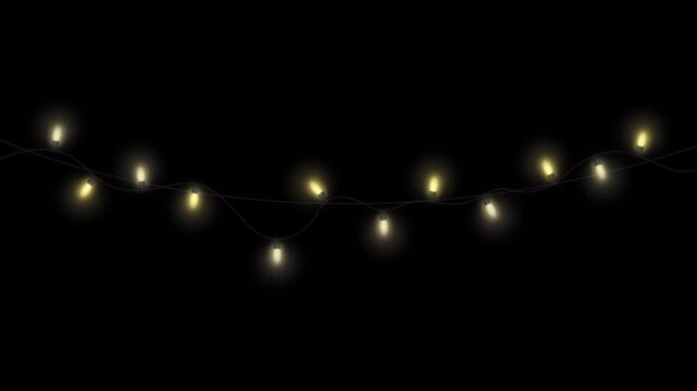 Realistic orange Christmas string light bulbs on black background.