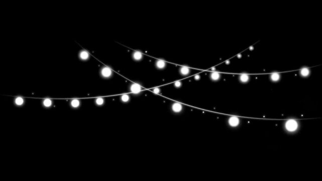 Realistic white Christmas string light bulbs on black background.