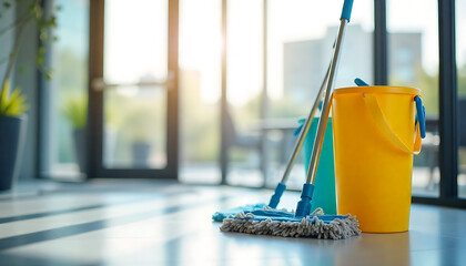 Cleaning tools and mops set against a backdrop of spacious office building windows with natural light streaming in, created with generative ai