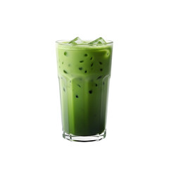 Iced matcha latte in a glass with ice cubes isolated on transparent background, a refreshing drink