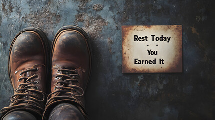 A pair of brown leather work boots next to a sign that says rest today you earned it on a dark surface