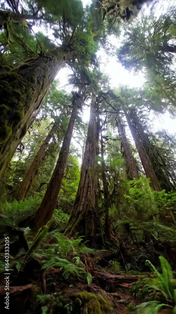 Poster scenic view of towering green trees in a lush forest with soft daylight filtering through the canopy