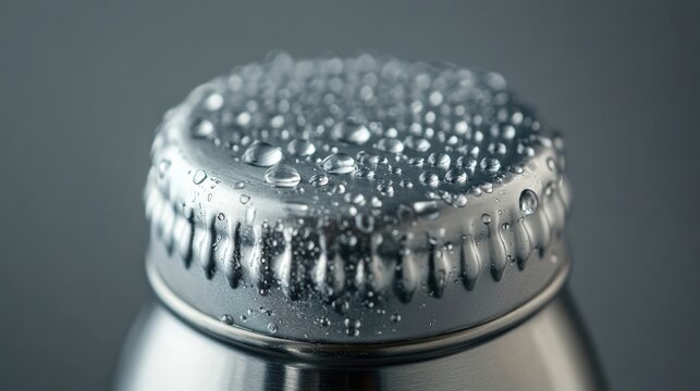 A close-up of a metallic cap with condensation droplets, highlighting its sleek surface and the texture created by the water beads.