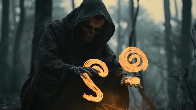 Dark Cinematic Fantasy Scene of a Hooded Shaman with Magical Ember Ritual &ndash; Perfect for International Day of Light, World Storytelling Day, and World Environment Day