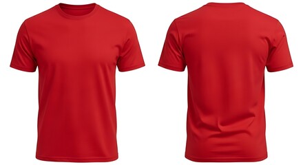 Front and Back View of Men’s Plain Red Crewneck T-Shirt Mockup on White Background