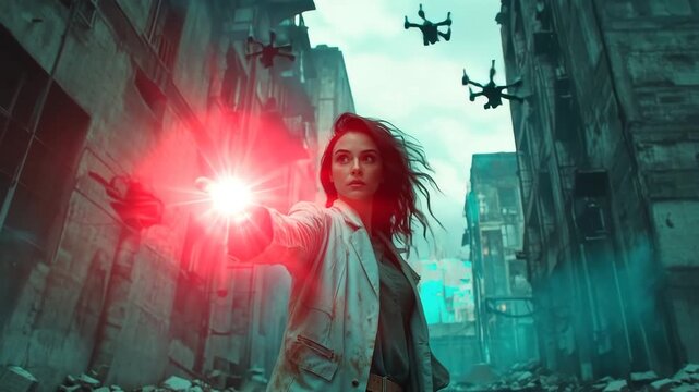 Epic Cinematic Low-Angle Shot of a Determined Woman in a Post-Apocalyptic City &ndash; Perfect for International Women&rsquo;s Day, World Science Day, and World Humanitarian Day