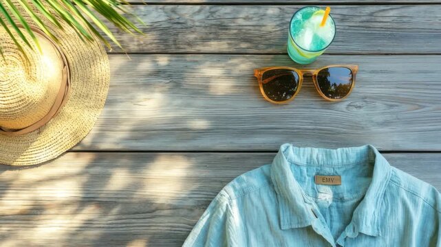 Top-Down Cinematic Flat Lay of a Tropical Summer Vacation Setup &ndash; Perfect for World Tourism Day, World Photography Day, and International Day of Happiness