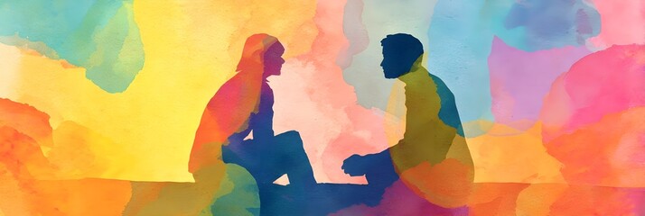 Colorful Rainbow Watercolor Painting of Two People, Generative AI