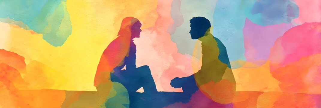Colorful Rainbow Watercolor Painting of Two People, Generative AI