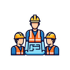 Construction team with foreman reviewing blueprints, wearing hard hats and safety vests, symbolizing teamwork and project planning.