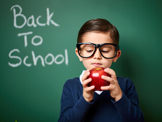 A boy wearing glasses studies an apple intently in a classroom setting, excited for the return to school as written on the chalkboard behind him. Back to school and education concept. Generative AI.
