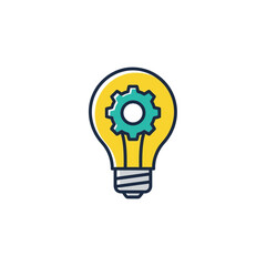 Bright yellow light bulb with a teal gear inside symbolizes innovation, creativity, and mechanical solutions on a white background.
