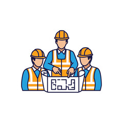 Three construction workers in hard hats review a blueprint, discussing the building plan and collaborating on the project's design and engineering solutions.