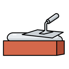 A bricklayer's trowel rests on a brick with mortar, ready for construction in a simple, clean, and modern illustration style against a white backdrop.