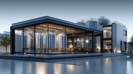 A sleek, modern industrial brewery with large glass windows showcasing stainless steel fermentation tanks and professional brewing equipment.